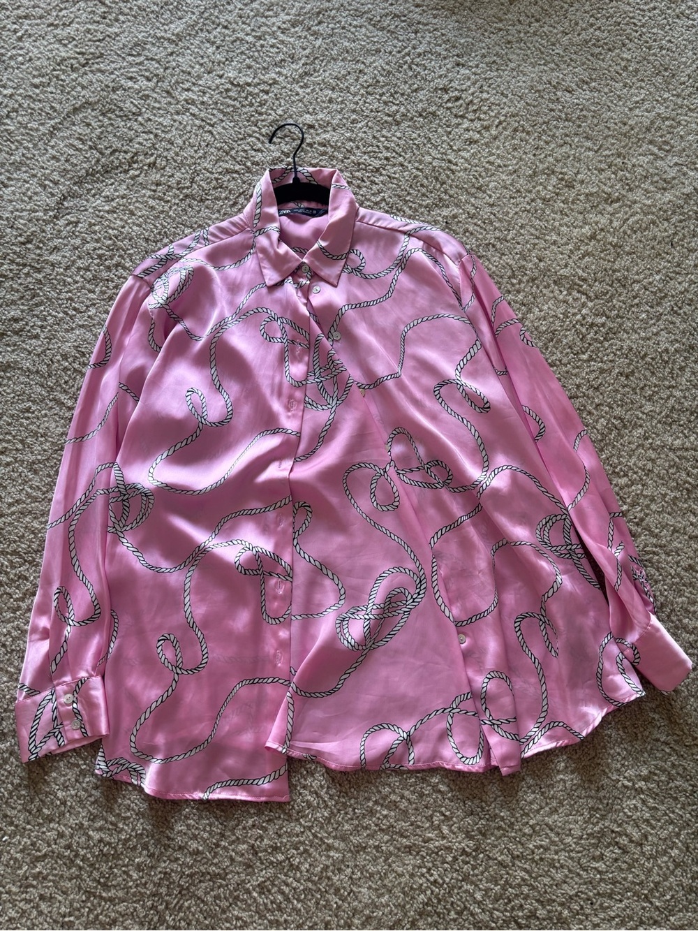 Zara Pink Satin Rope-Print Button-Up Blouse